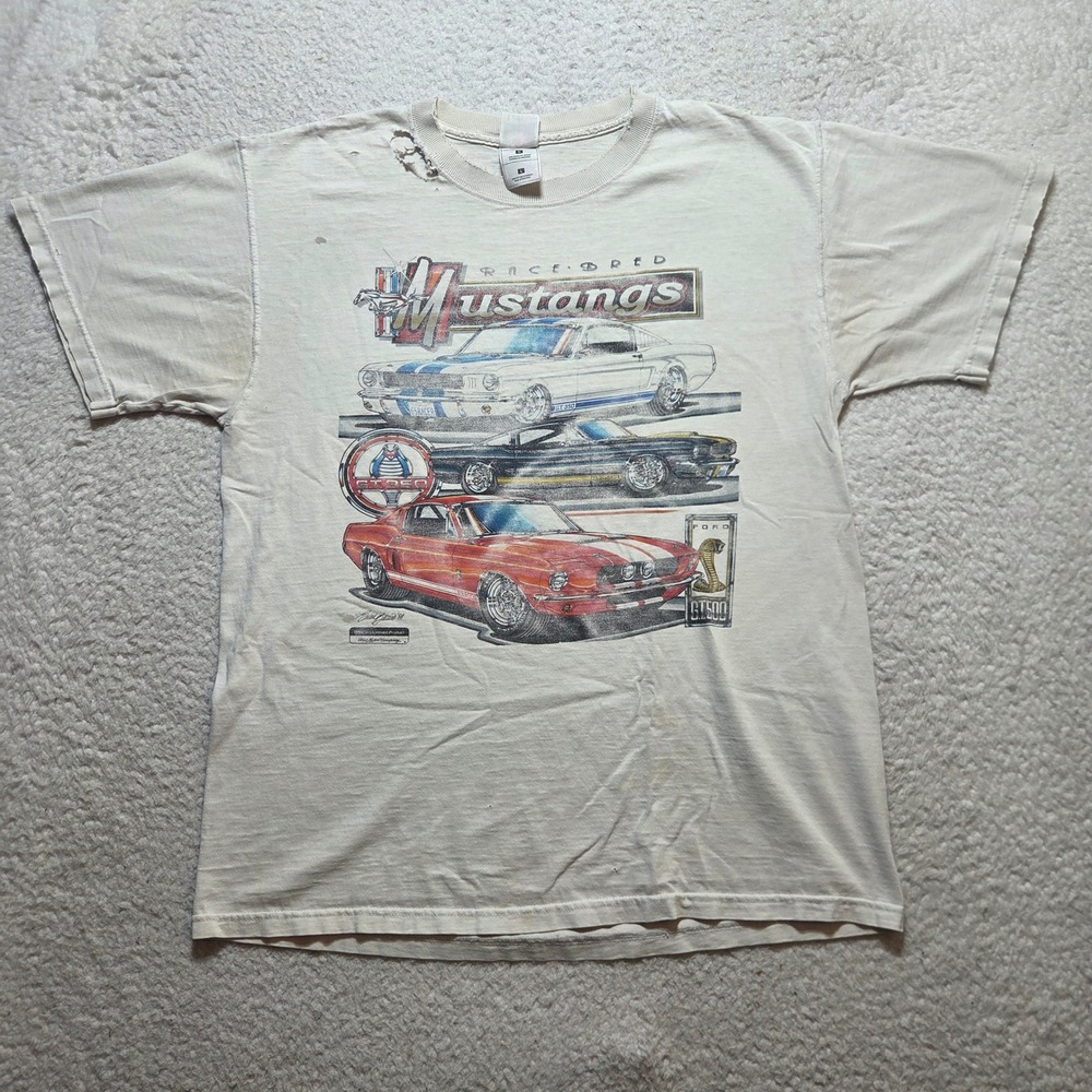 Vintage 90s Ford Mustang T Shirt Mens Large White Distressed Race Bred Car Tee